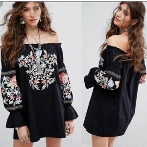 Free People Black Floral Long Sleeve Embroidered Mini Dress Medium